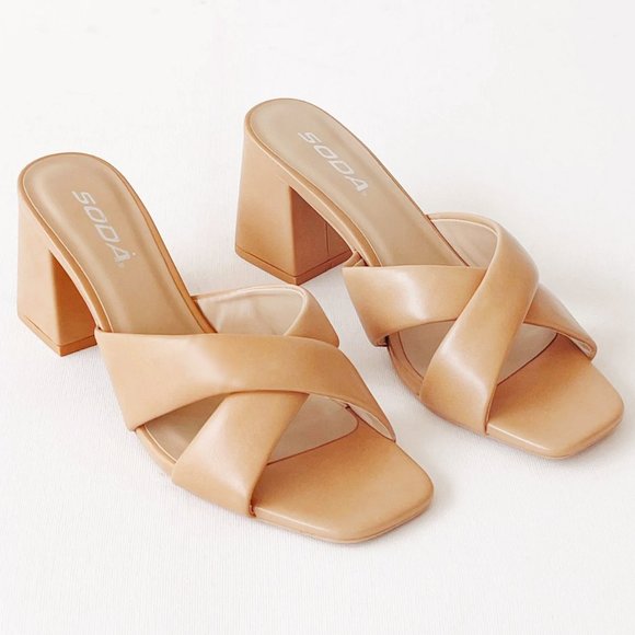 NEW Natural Tan Nude Twist Block Heel Slip Slide On Comfy Mule Sandal Shoes - Picture 10 of 12